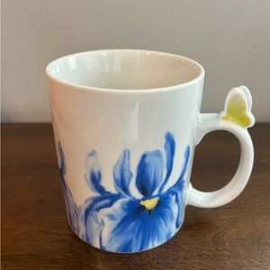 Home Blue Iris Floral Coffee Mug Tea Cup Porcelain with Butterfly on Handle 14oz